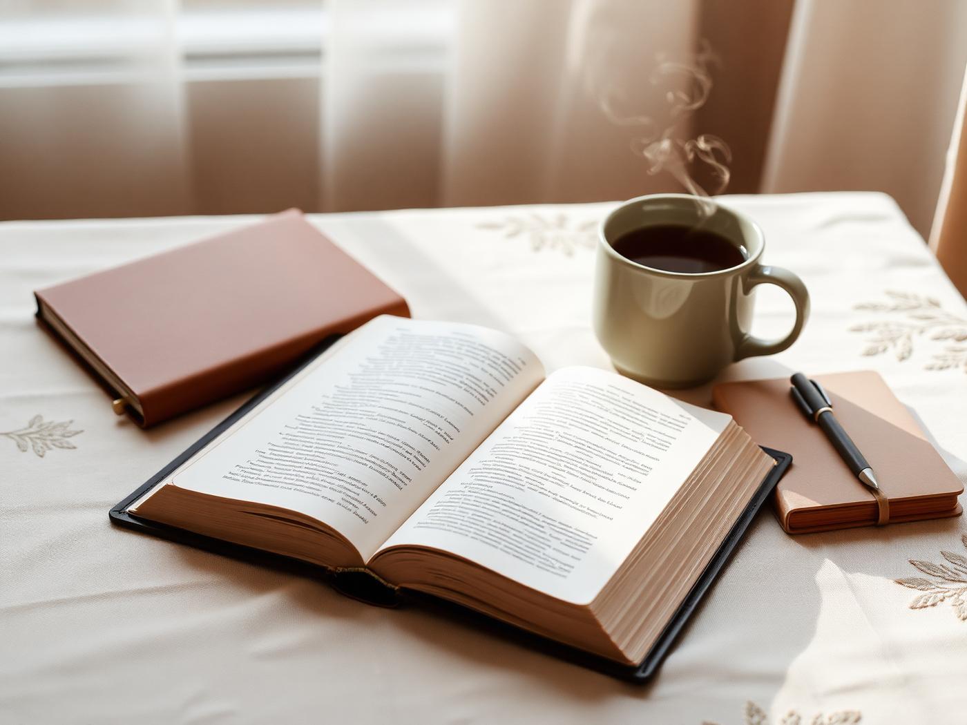 An open Bible, a journal, and a cup of tea in morning light