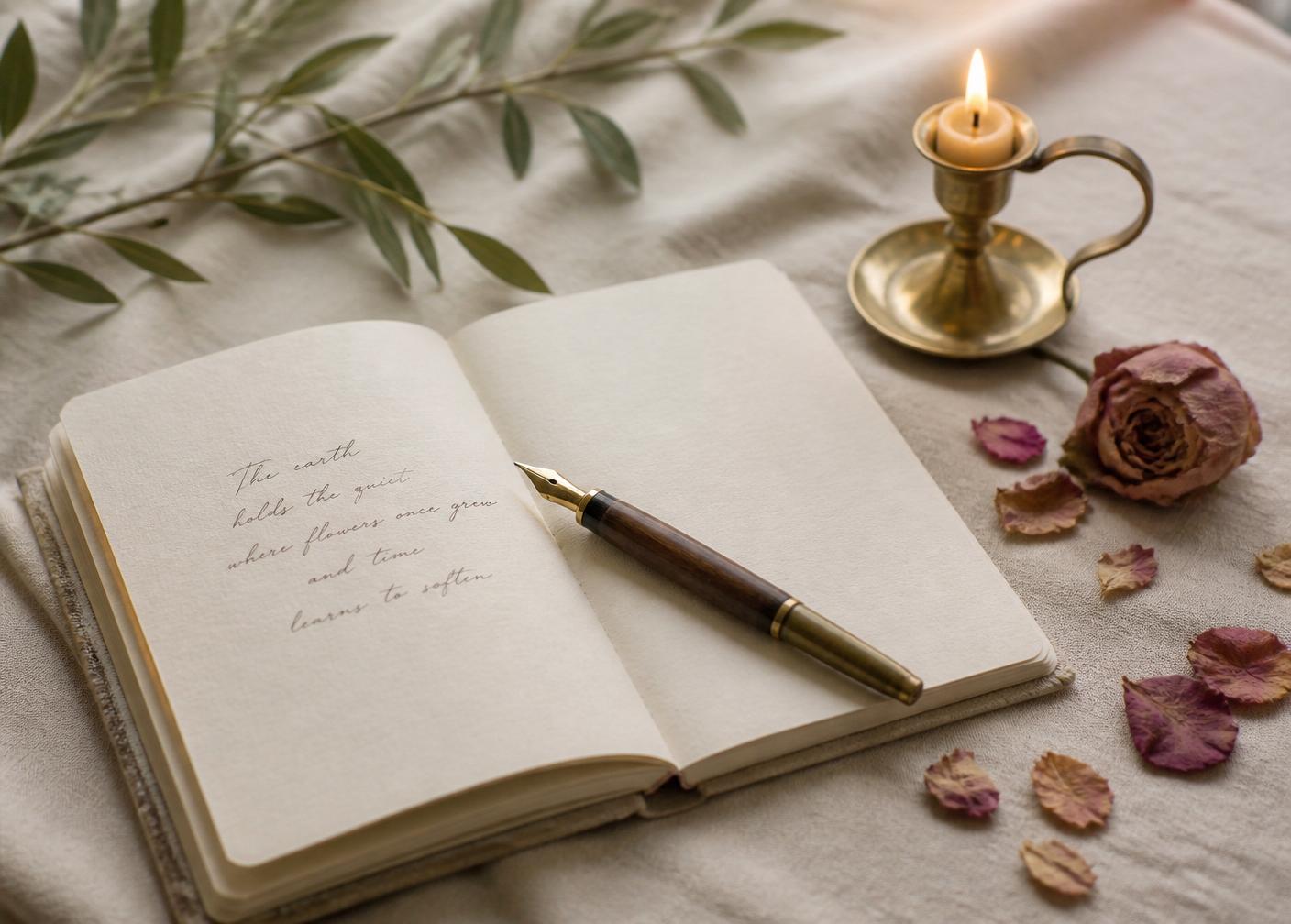 An open journal with a candle and dried rose